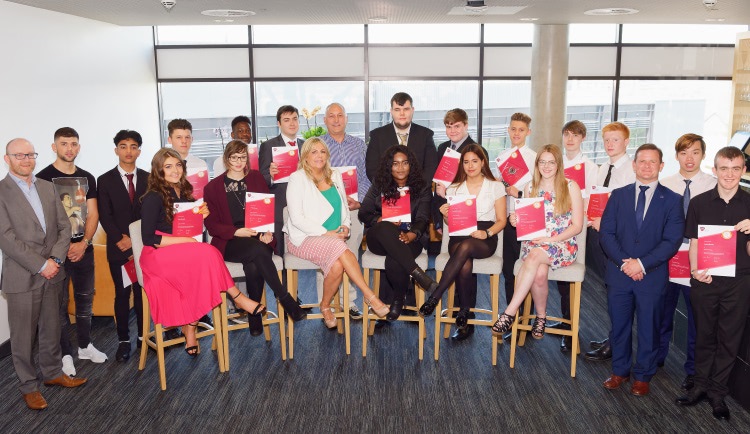 the Career Ready graduates and winners with CAVC Vice Principal Emil Evans, boxer Joe Cordina, CAVC Career Ready Co-ordinator Tracy Bird and Career Ready Lead Regional Manager for Wales and the West Simon Page