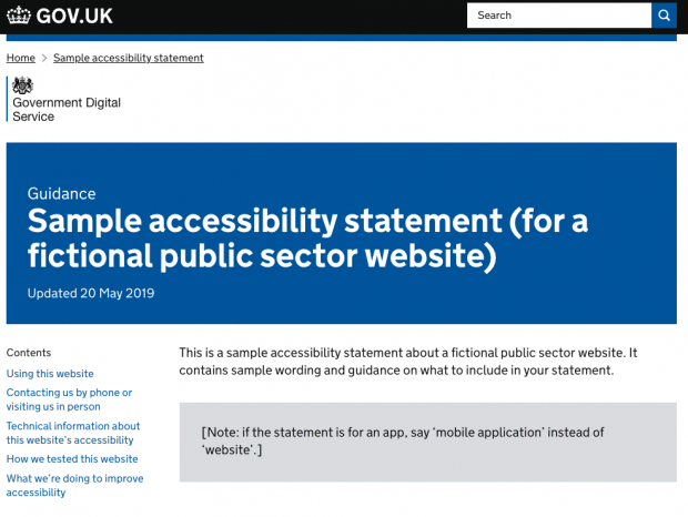 A screen shot of the page with the sample accessibility statement. The title of the page is 'Guidance: Sample accessibility statement (for a fictional public sector website'. The first paragraph says: 'This is a sample accessibility statement about a fictional public sector website. It contains sample wording and guidance on what to include in your statement.'
