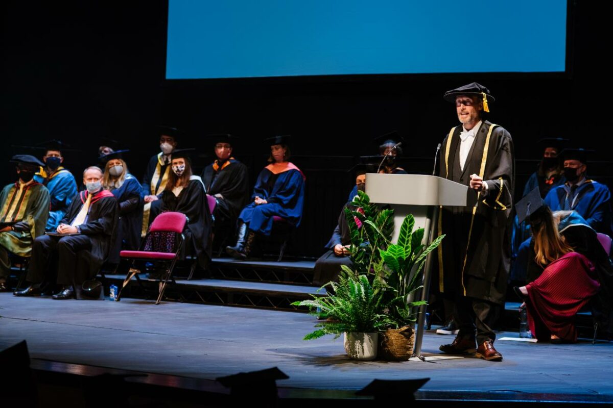 Principal Professor Paul Fieldsend-Danks addresses the graduates