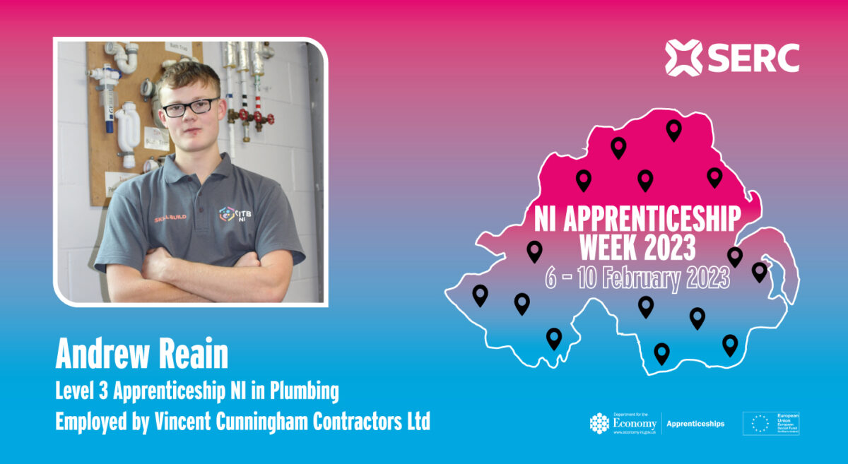 Photo of Andrew Reain on the NI Apprenticeship week graphic featuring a map of northern ireland