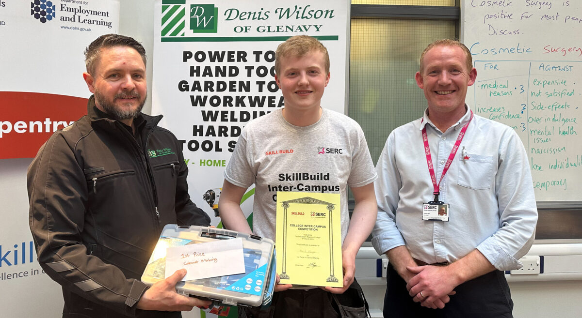 Denis Wilson owner of Denis Wilson of Glenavy,  with Level 2 Carpentry & Joinery Apprentice David Magee, from Hillsborough (1st place Cabinet Making), and Francis Rice, SERC Deputy Head of School of Construction, Engineering Services and Skills for Work.