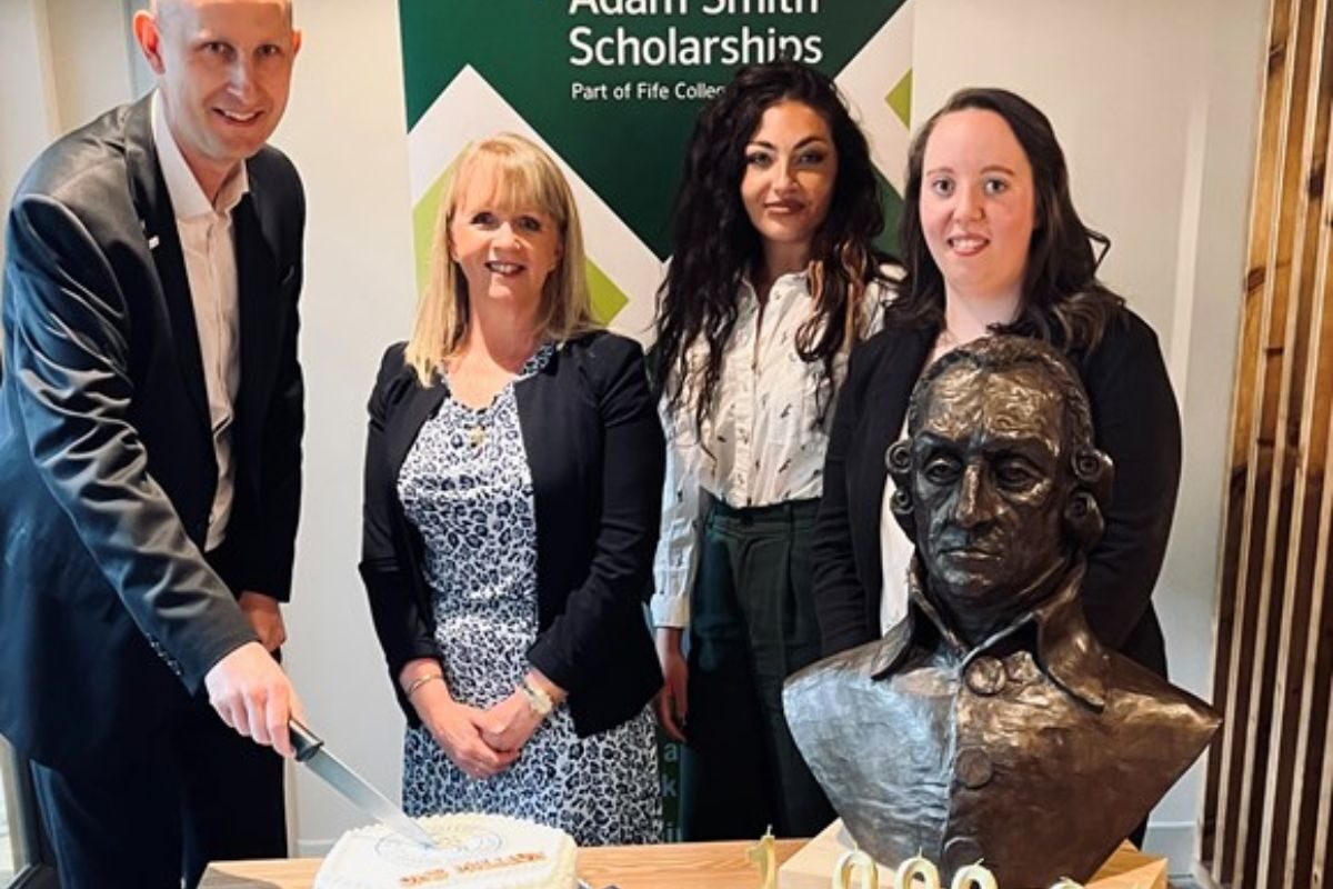 Fife College Principal, Jim Metcalfe, Fife College Scholarship and Alumni Lead, Lyn Gold, and two recent Adam Smith Scholarship Winners, Abigail Cloete and Niamh Hogwood.