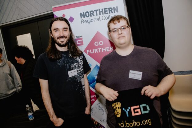 Northern Regional College lecturer Timothy Cathcart pictured with Level 3 Digital Games student and Industry Choice Awards winner, Andrew Coleman.