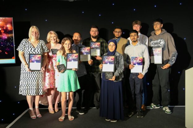 A group photo of the Bradford College STAR Award student winners on stage at the 2024 ceremony.