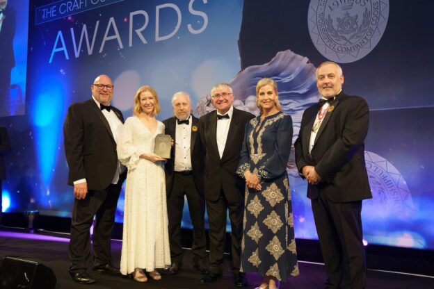 Pictured from left to right: Len Unwin, Shelley Kirk and Andy Gabbitas of The Sheffield College receive their award from dignitaries including HRH The Duchess of Edinburgh.