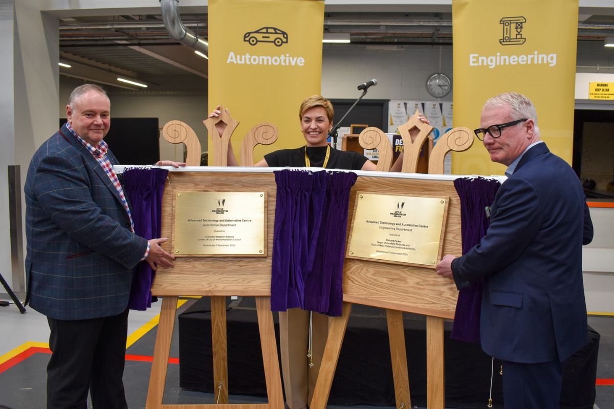 Launch of new Advanced technology and Automotive Centre at City of Wolverhampton College. Pictured left to right: Councillor Stephen Simkins, leader of City of Wolverhampton Council, Louise Fall, principal and chief executive at City of Wolverhampton College, Richard Parker, mayor of the West Midlands and chair of West Midlands Combined Authority.