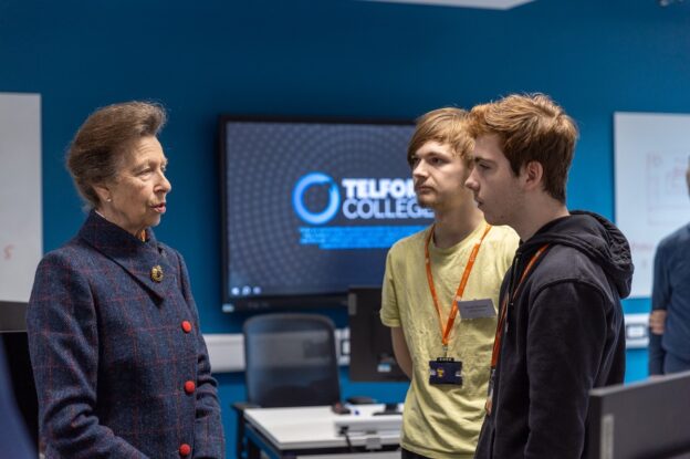 Telford College T-Level students Fletcher Burman and Standon Ball talk to The Princess Royal