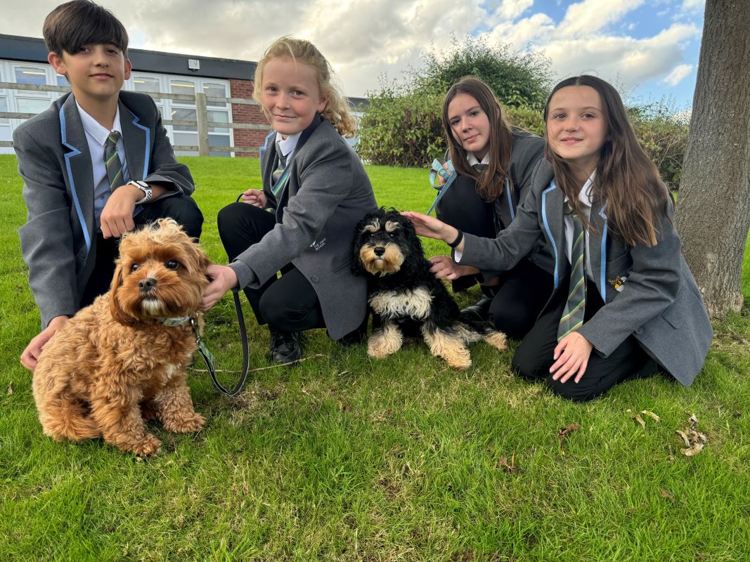 Picture caption: Rufus, left, and Arlo, right, are pictured with The Hart School pupils.