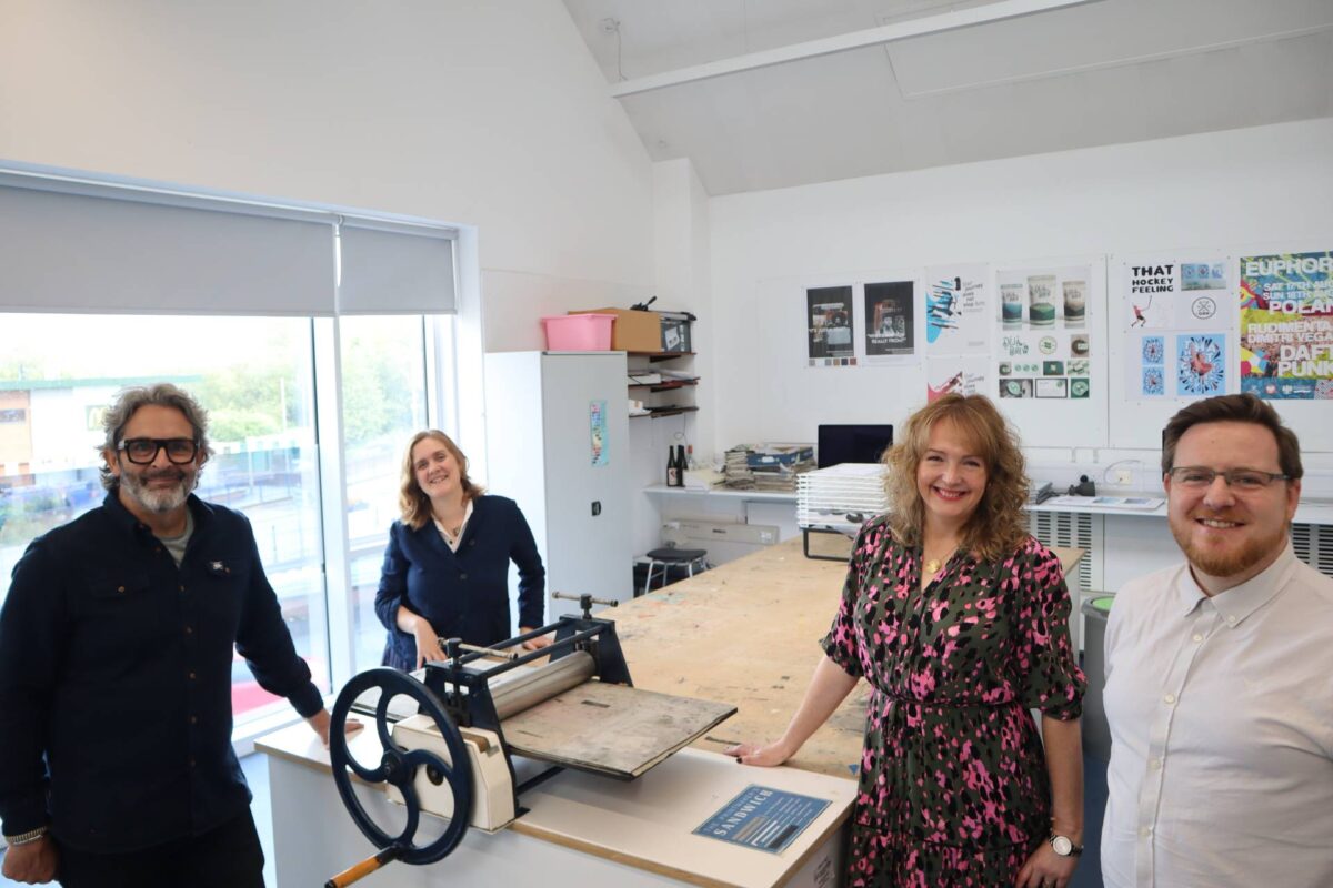 Simon Grigg, Principal Holly Bembridge, Fran Grigg with Subject Leader for Graphics Richard Mason at King Edward VI College