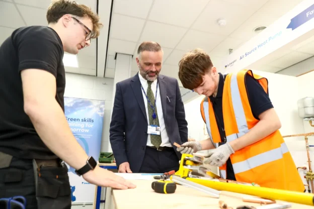 Students show off their work to Principal Jason Lancaster in Northampton College's new Green Skills Centre