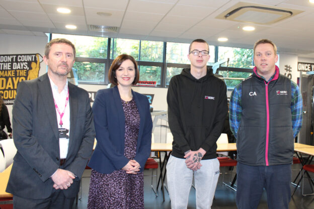 Tommy Martin, Interim Principal SERC with Secretary of State for, Education, The Rt Hon Bridget Phillipson MP, Scott Rowan a Foundation Degree in Sport student who took part in a Turing Scheme funded visit to South Africa in June accompanied by Colin Atkinson, Principal Lecturer, Sport.