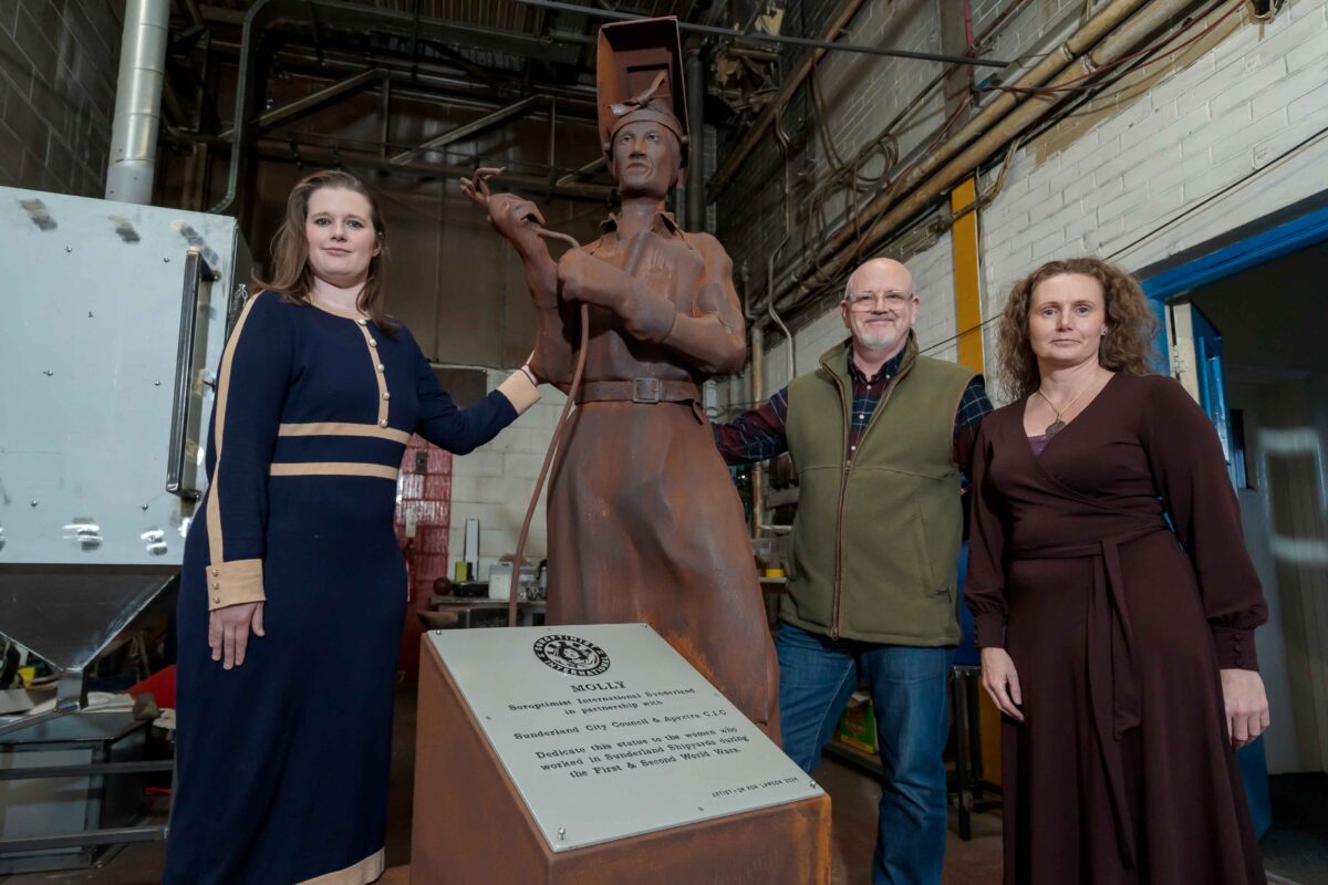 Dr Ashleigh Blackwood and Dr Victoria Rafferty from the University of Sunderland join artist Dr Ron Lawson with the Molly sculpture at his studio Picture: DAVID WOOD