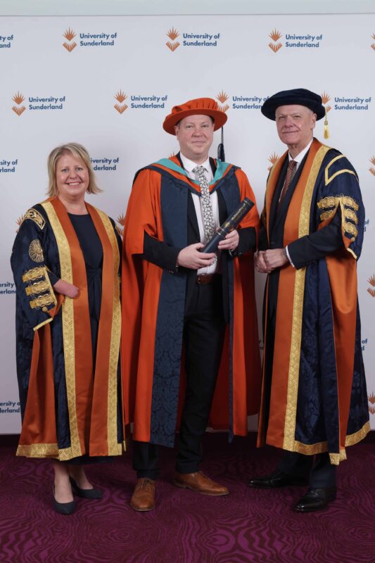 Northern Echo Editor Gavin Foster receives the Honorary Doctorate of Letters for the University of Sunderland pictured with Chancellor Leanne Cahill and Vice Chancellor and Chief Executive Sir David Bell Picture: DAVID WOOD