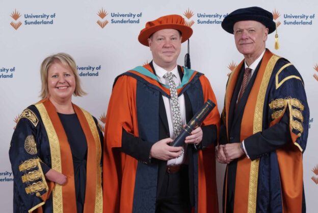 Northern Echo Editor Gavin Foster receives the Honorary Doctorate of Letters for the University of Sunderland pictured with Chancellor Leanne Cahill and Vice Chancellor and Chief Executive Sir David Bell Picture: DAVID WOOD