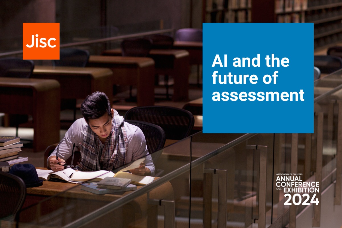 text reads AI and the future of assessment, image shows young man taking part in an examination