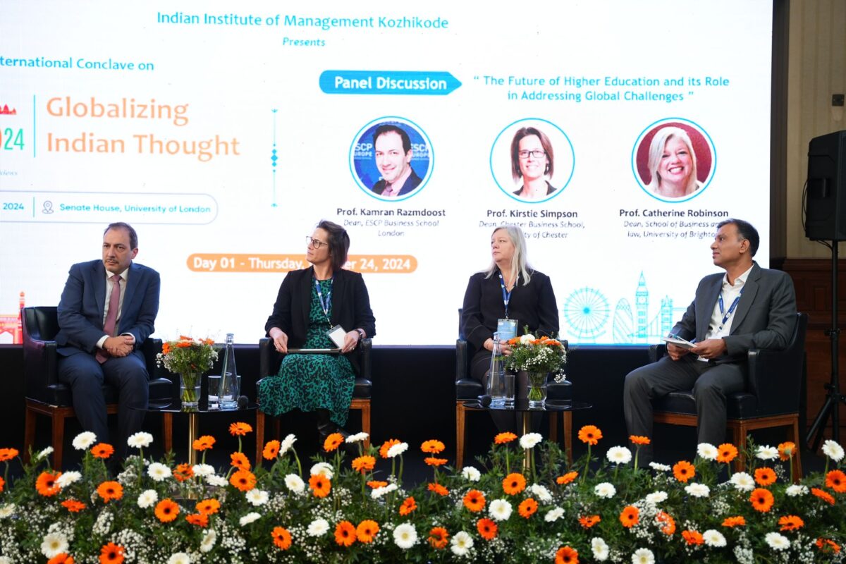 The panel discussion on ‘The Future of Higher Education and its Role in Addressing Global Challenges’ with: Professor Kamran Razmdoost, Dean, ESCP Business School London; Associate Professor Kirstie Simpson, Dean, Chester Business School, University of Chester (second from left), and Professor Catherine Robinson, Dean, School of Business and law, University of Brighton.