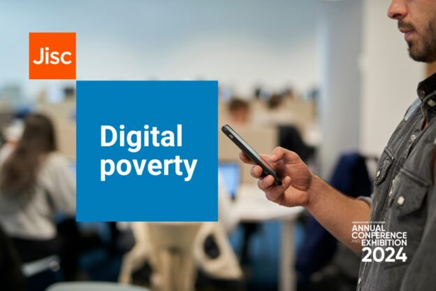 text reads digital poverty, image shows a hand holding a mobile phone