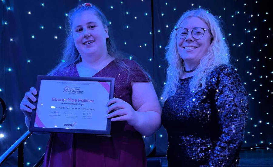 Ebony-Mae Palliser collects her award with Sarah Thursby, Northampton College Curriculum Manager for Performing Arts and Music