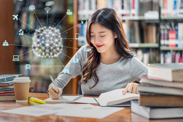 A student studying with a depiction of an AI brain hovering above her