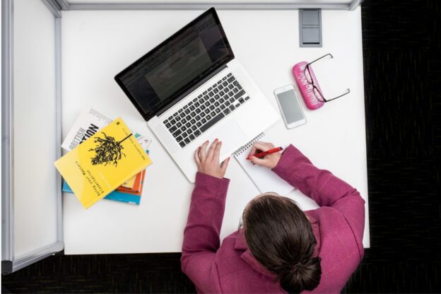 A student at a desk.