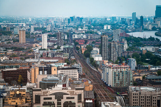 A view of East London's towerblocks and the River Thames