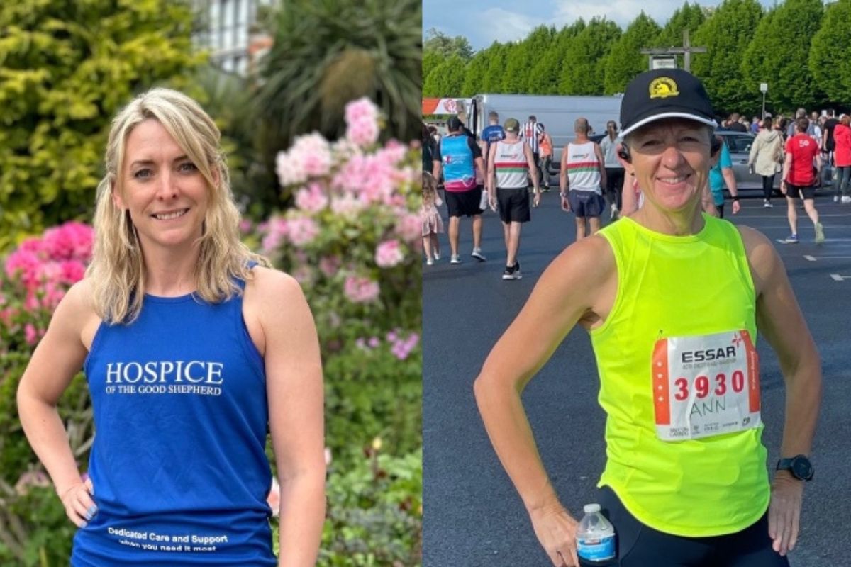 Two photos of Becky Richardson and Ann Delve in their running gear.