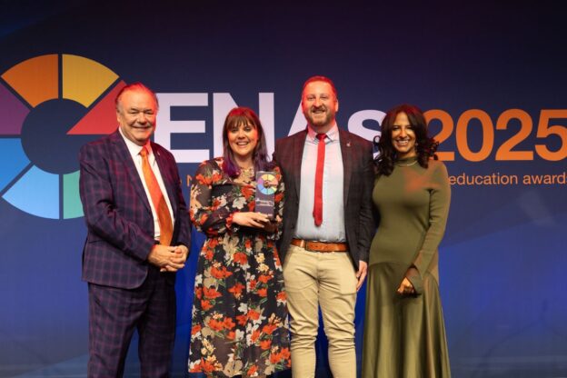 David Taylor CBE and awards host Ranvir Singh present Dr Emma Venables and Dr Anthony Cliffe with the Educate North Award.