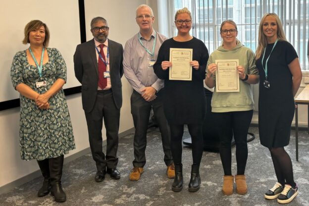 Course leaders from the University of Chester and Cheshire and Wirral Partnership (CWP) NHS Foundation Trust with two students who achieved a Gold Medal Award for their quality improvement projects. Credit - CWP NHS Foundation Trust.